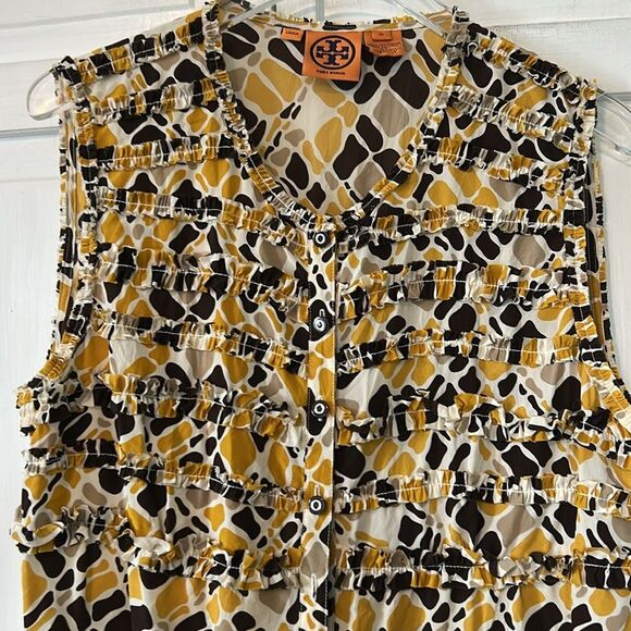 Tory Burch 100% Silk Yellow and Black Ruffled Sleeveless Blouse - Size 10 - Picture 4 of 8